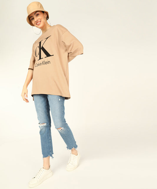 C K Women's Unisex OverSize Printed T.Shirts_(Beige)