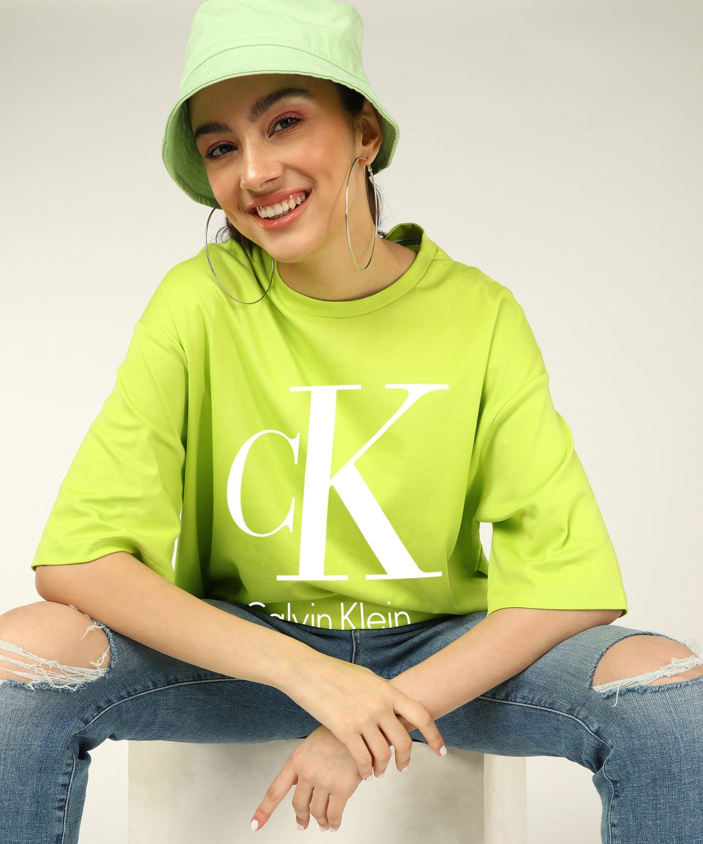 C K Women's Unisex OverSize Printed T.Shirts_(Neon Green)