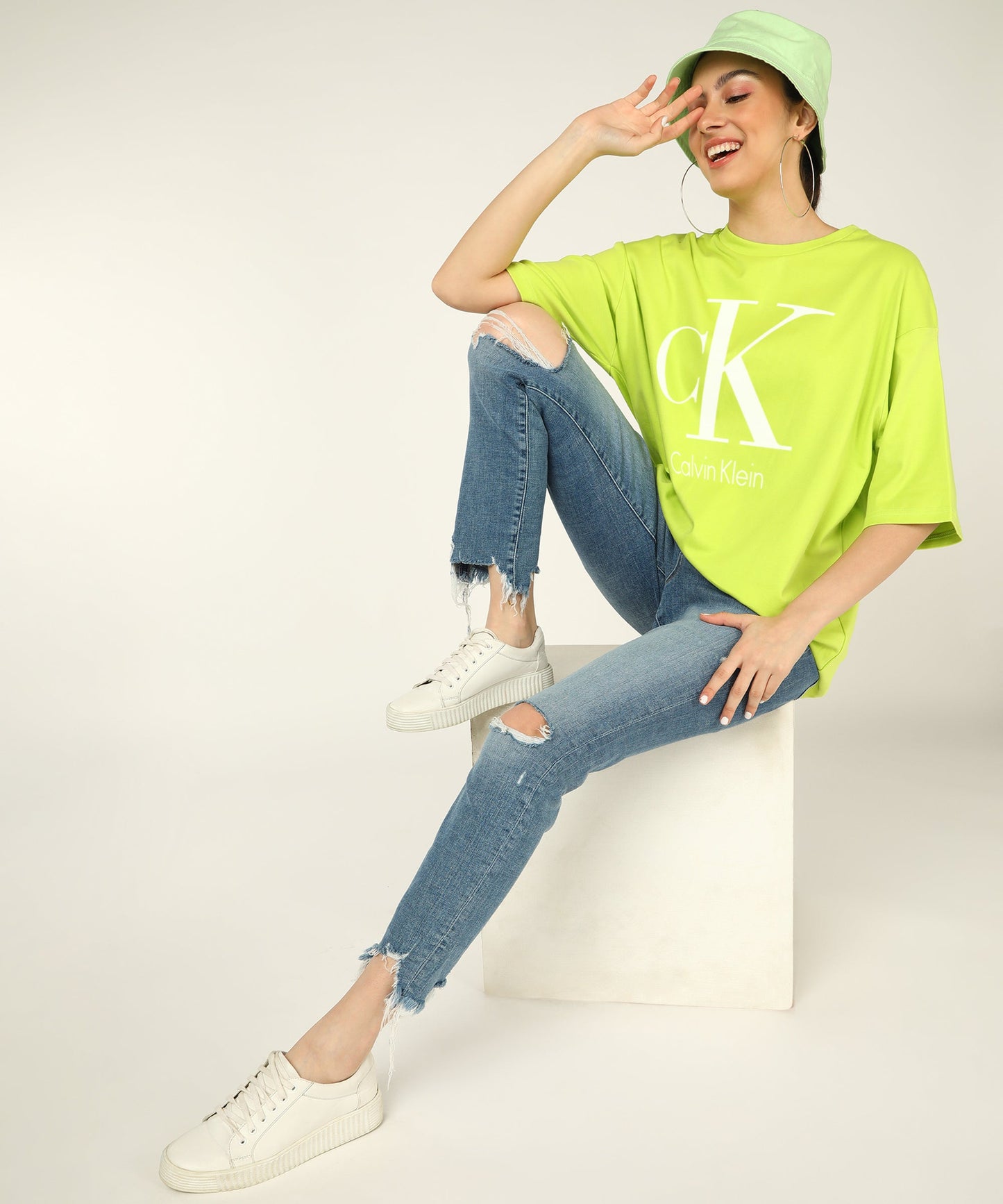 C K Women's Unisex OverSize Printed T.Shirts_(Neon Green)