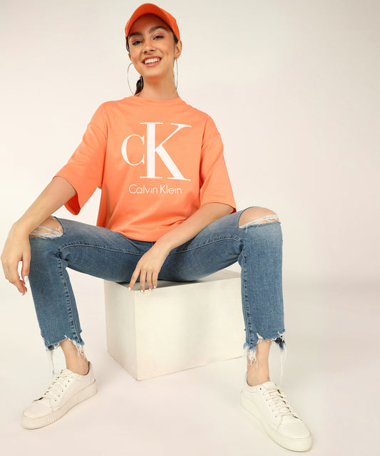 C K Women's Unisex OverSize Printed T.Shirts_(Salmon)