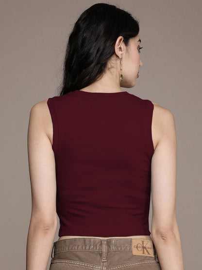 OThread & Co. Women's Basic Crop Top - Stretchy Scoop Neck Sleeveless Tank, Casual Fit (Large, Maroon)