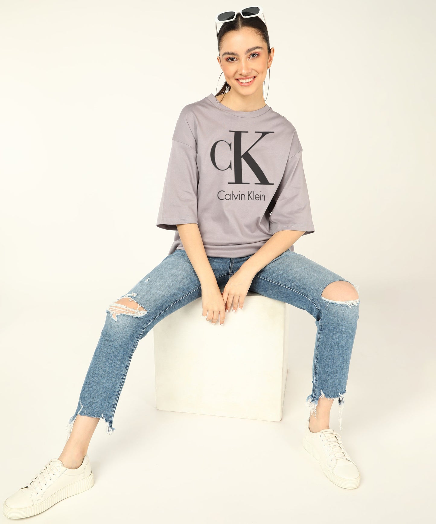 C K Women's Unisex OverSize Printed T.Shirts_(Steel Grey)