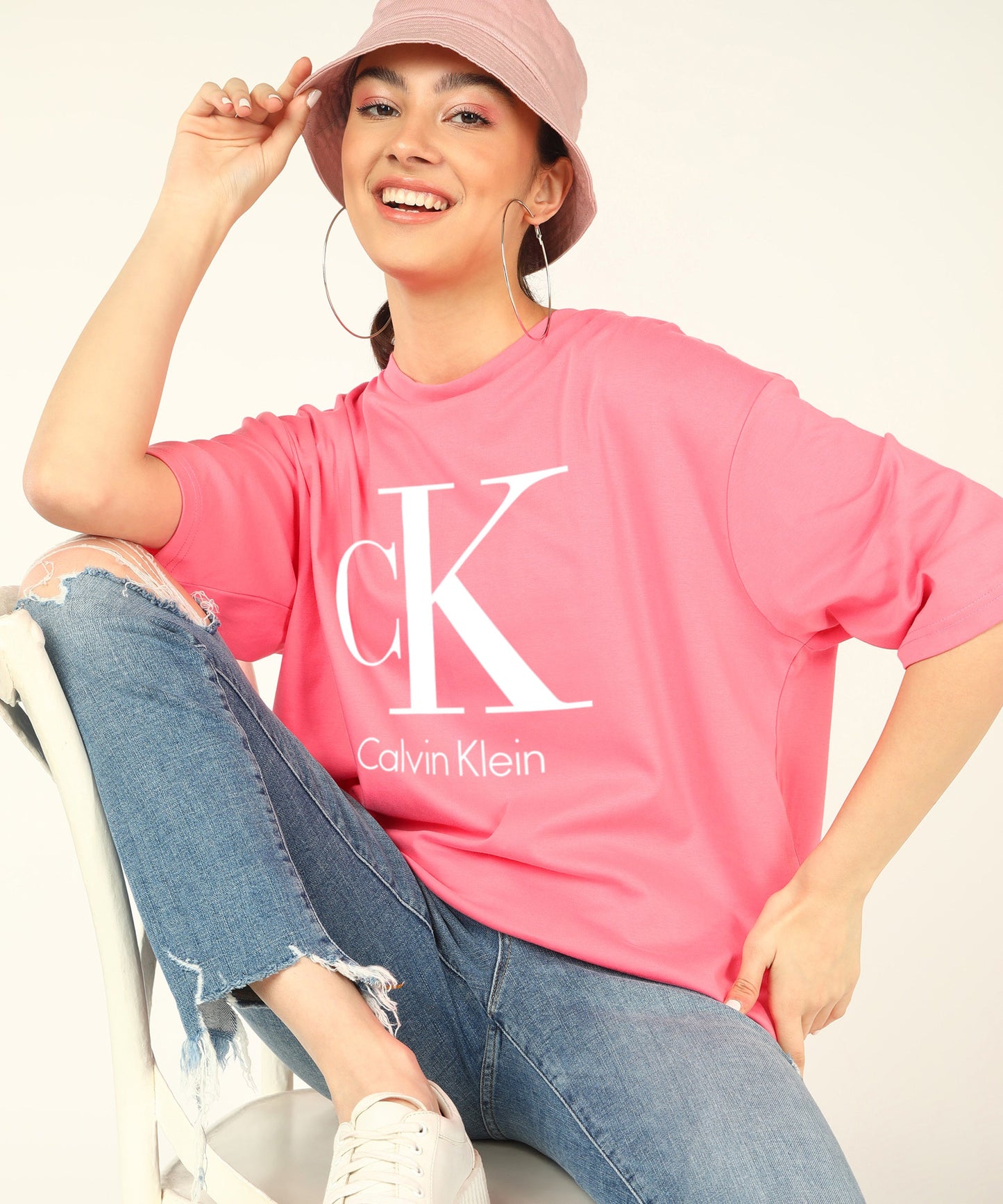 C K Women's Unisex OverSize Printed T.Shirts_(Pink)