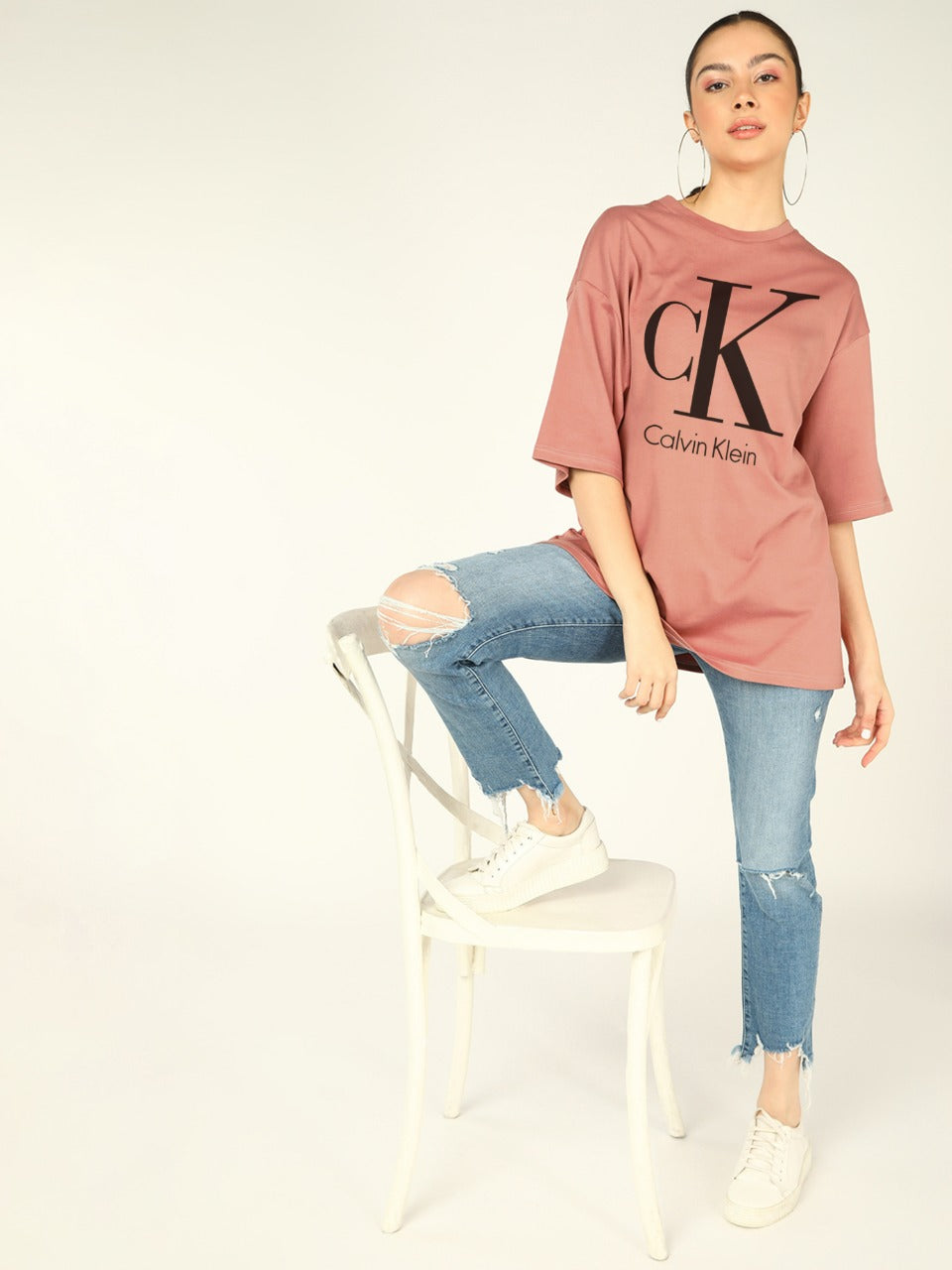 C K Women's Unisex OverSize Printed T.Shirts_(Chocolate)